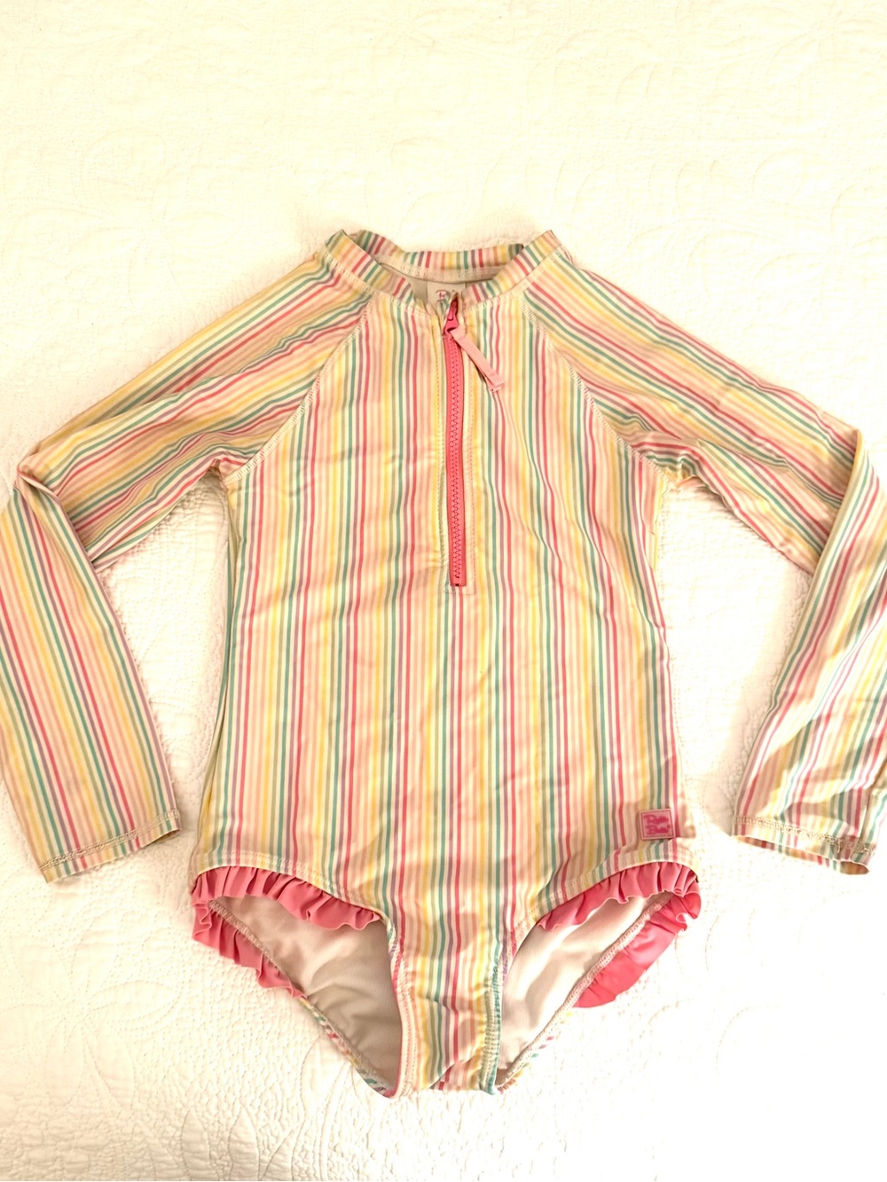 Ruffle Butts Pink & Pastel Multi-Stripe Long-Sleeve One-Piece Swimsuit 8 (M)